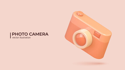 3D icon of Photo camera in trendy color with lens and button. Realistic vector illustration in cartoon minimal style.