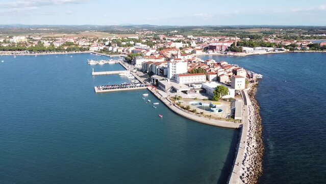 Umag at Istria, Croatia - Aerial Drone View of the Cityscape with Port, Town Center, Boulevard and Church Tower