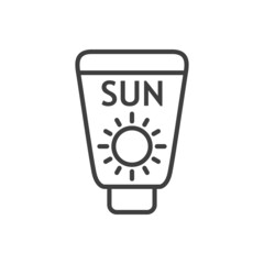 Vacaciones de verano. Crema solar. Logotipo lineal con texto Sun en botella con sol con líneas en color gris