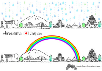 Naklejka premium 雨の広島の観光地の街並シンプル手描き線画セット