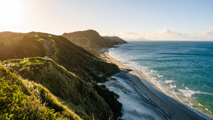Mesmerizing scene of Mangawhai Heads green Beach, New Zealand with a blue light sky on the horizon