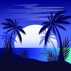 Palm trees and seashore background in the moon light. Beautiful nature landscape.