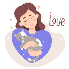 Cute girl love with sleeping cat. Vector illustration. Concept of love for pets. Beautiful female character in flat style for postcards, design and decoration, banners and advertisements