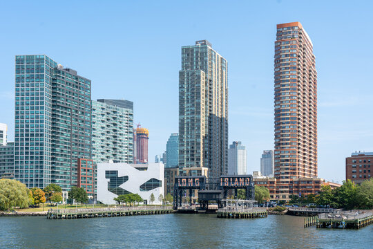 Long Island City, USA - September 23, 2019: Piers and building in Long Island City