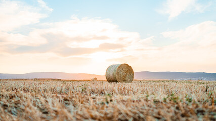 Shot of a haystack  in the middle of a field with sunset background