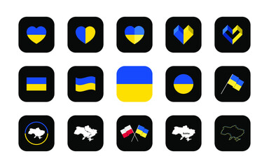 Symbols of Ukraine in various forms and ideas. A set of icons for use in applications of various gadgets. Flat minimal style.