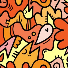 Seamless pattern with cute cartoon creatures on colorful background. Funny cartoon animals print. Doodle monster poster.