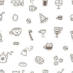 Seamless pattern with food, drinks and utensils on white background. Doodle cafe wallpaper. Cute vector print.