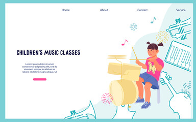 Kids music class website banner, flat vector illustration. Web banner interface.