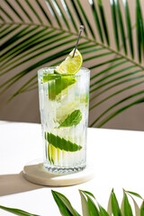 cold Mojito cocktail with rum, lime, ice cubes and mint. Tropical palm leaf shadow. Sunlight and shadow background. beige minimal