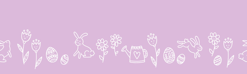Cute hand drawn Easter seamless pattern with bunnies, eggs, clouds and flowers, great for textiles, banners, wallpapers, backgrounds - vector design

