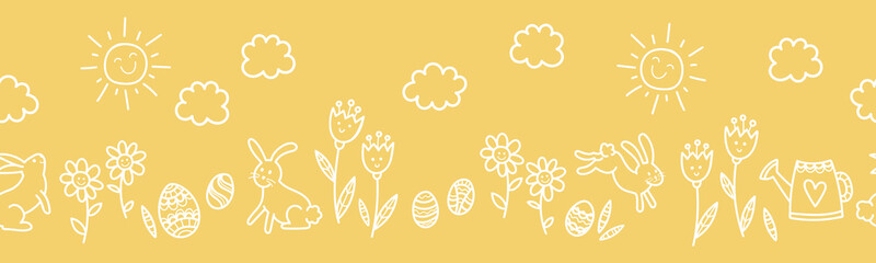 Cute hand drawn Easter seamless pattern with bunnies, eggs, clouds and flowers, great for textiles, banners, wallpapers, backgrounds - vector design
