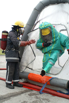 Chemical Warfare. Decontamination Unit. Exposed To A Chemical Contaminated Hot Zone. Chemical. Biological. Radiological And Nuclear Defence Are Protective Clothing