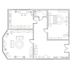 Abstract plan of two-bedroom apartment, with kitchen, bathroom, bedroom, living room. Vector illustration EPS8
