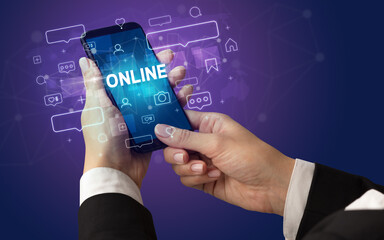 Hand using smartphone with social media concept