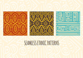 Set of seamless patterns with tribal ornaments of red, yellow, blue and brown colors. Endless texture can be used for pattern fills, web page background, surface textures. Vector illustration EPS8