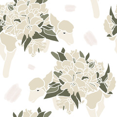 Happy Easter. Modern flat Easter seamless pattern on white background with sheeps and spring flowers. Aesthetics of spring. Cute pattern for textiles and festive packaging. Easter decor. Hello spring