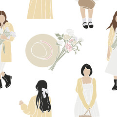 Happy Easter. Modern flat Easter seamless pattern on white background with womans and flowers. Aesthetics of spring. Spring cute pattern for textiles and festive packaging. Easter decor. Hello april