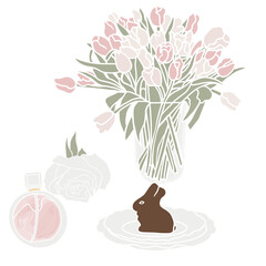 Happy Easter. Modern flat Easter seamless pattern on white background with chocolate bunny, perfume and tulips in a vase. Aesthetics of spring. Cute pattern for textiles and festive packaging. April