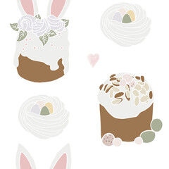 Happy Easter. Modern flat Easter seamless pattern on white background with Easter cakes and meringue nests. Aesthetics of spring. Cute pattern for textiles and festive packaging. Hello April