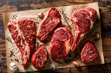 Raw beef steak set with spices and utensils on wodden bacgkround. Closeup top view