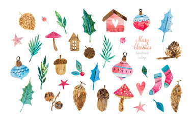 Hand drawn watercolor Christmas illustration set in doodle style. Spruce branches, winter greenery, holly, stars, pine cone, Christmas tree toy, acorn, house. Christmas elements for decor, card, books