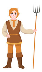 Peasant man with pitchfork. Ancient farmer. Medieval character