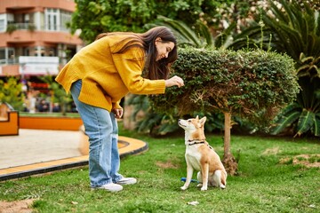 Beautiful young woman training shiba inu dog at park