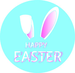 illustration of bunny ears near happy easter lettering in blue circle isolated on white