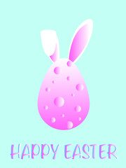 illustration of pink chicken egg with bunny nears near happy easter lettering on blue