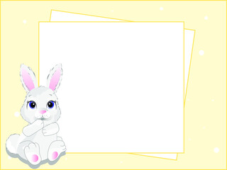 illustration of cartoon rabbit near blank white greeting card with yellow frame