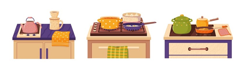 Pot and pan on stove. Cooking food on different types kitchen cooktops, gas, electric and induction, boiling and frying food, preparing dinner and breakfast vector isolated concept