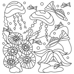 Underwater coloring book page for adult and older children. , Under sea world.