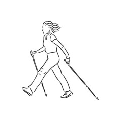 Continuous line drawing. A young woman walks on foot with walking sticks. Nordic walking, vector sketch illustration