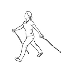 Continuous line drawing. A young woman walks on foot with walking sticks. Nordic walking, vector sketch illustration