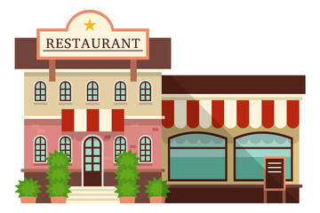 Restaurant front. Beautiful building facade with awning and greenery
