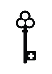 Old ornate key vector icon isolated on white. Antique key silhouette.