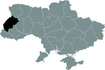 Fototapeta na wymiar Black flat blank highlighted locator map of the Ukrainian administrative area of LVIV OBLAST inside gray flat map of UKRAINE