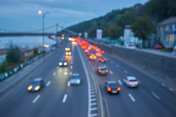 Texture blur, blurred highlights lights. Evening and night light on city streets.