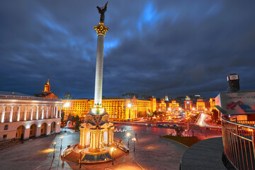 KYIV, UKRAINE, September 06, 2017: Night view of the independence memorial at Maidan Nezalezhnosti square in Kyiv