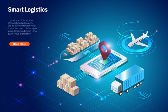 Smart global logistics delivery tracking system on smartphone. Shipment carton delivery in supply chain, airfreight, seafreight and transportation truck use wireless technoloty.