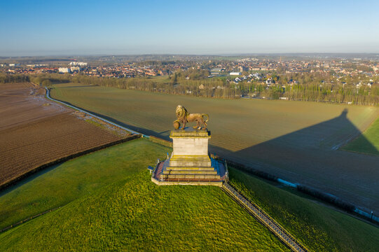Aerial view of Waterloo War Memorial monument (Memorial de la Bataille) in a public park, Braine-l'Alleud, Belgium.