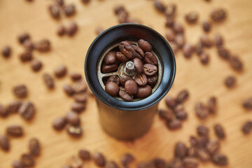 manual coffee grinder with coffee beans
