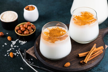 Delicious Horchata with cinnamon in the top. Rice water. Valencian Horchata made with rice, milk and cinnamon topping. Mexican drink. Vegetarian cocktail. Rice milk.