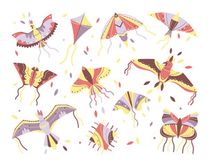 Summer and kites. Flat vector illustrations. A set of pink, purple, yellow kites. Butterflies, parrots. Summer items for entertainment and hobby