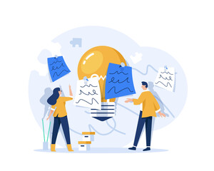 new idea,scrum concept, business people brainstorm with sticky notes combined to bright lightbulb idea,Ideation