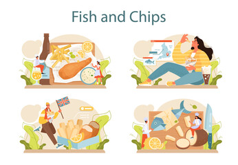 Fish and chips set. British deep-fried fish and chips fast food. Sea food