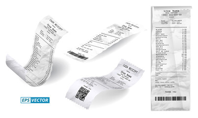 Naklejka premium set of realistic cash register sales receipt isolated or cash receipt printed white paper or printout thermal rolled paper. eps vector