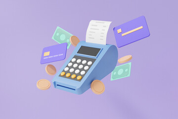 Pos terminal and calculate with credit card floating, money payments concept. shopping, minimal cartoon cute smooth on purple background. 3d render illustration