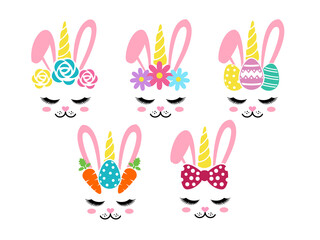 Unicorn monogram with easter bunny rabbit with eggs ,carrot,flowers on head face vector